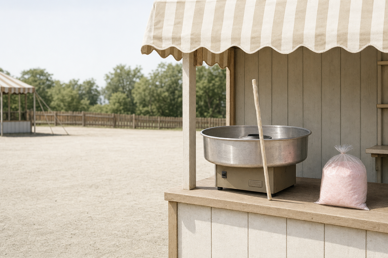 A bare stick leaning against a cotton candy machine under a striped awning, a bag of pink sugar left unopened